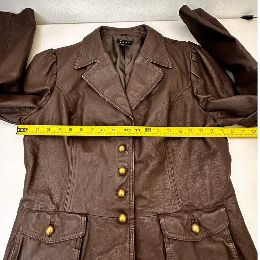 Cami Brown Leather Blazer Jacket 16 Puff Sleeve Brass Buttons Steampunk - Picture 8 of 11